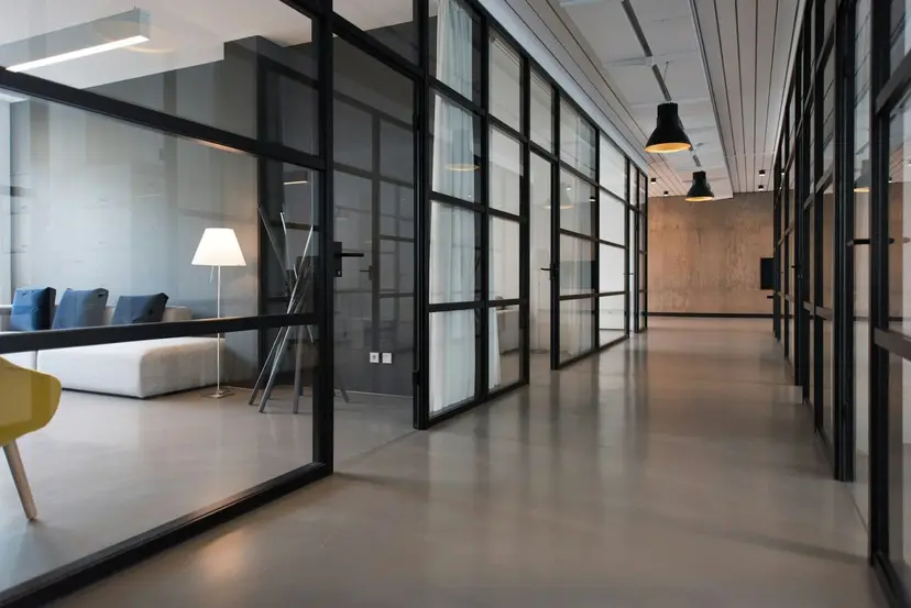 Finished commercial office interior after a tenant improvement build-out